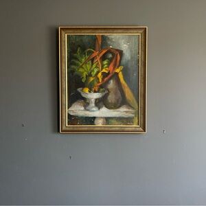 Vintage Still Life Oil Painting Framed Mid Century Moody European Decor